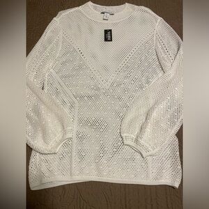 WHBM Outlet white long sleeve mock neck pointelle sweater / tunic. Size M. NWT